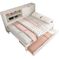 Okwish Lit Gigogne 90/140x190 cm, Tête de Lit Rangement et Compartiment Ouvert, USB/USB-C - MDF/Contreplaqué/Panneaux de Particules Blanc