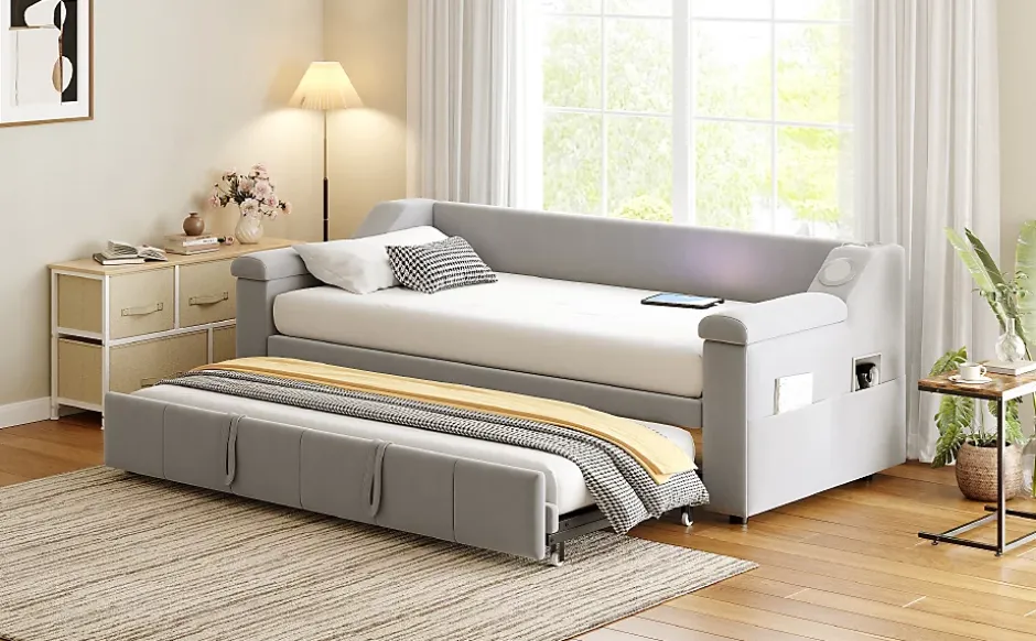 Okwish Lit Gigogne 90/180x190 cm, Velours Gris Clair, avec Port USB, Rangement Intégré, Accoudoirs Larges, Système Audio Bluetooth Best