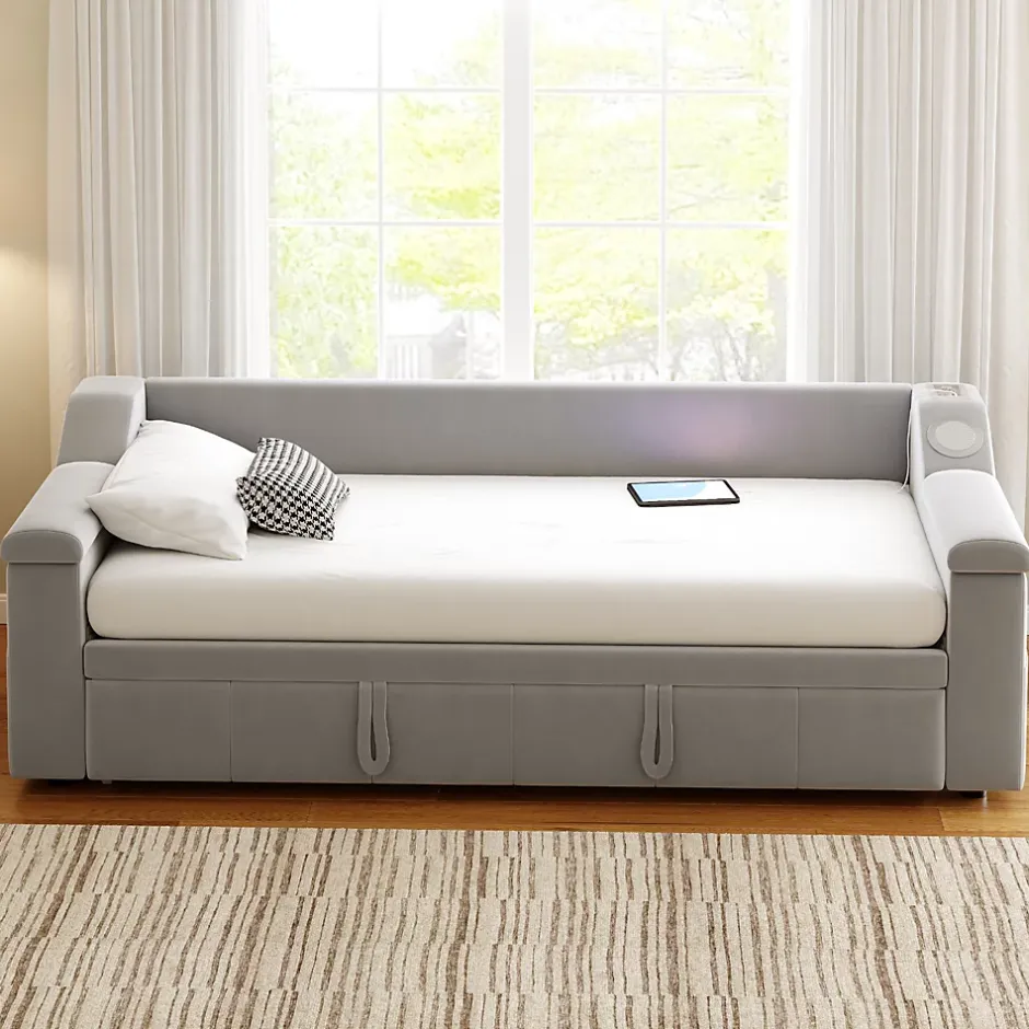 Okwish Lit Gigogne 90/180x190 cm, Velours Gris Clair, avec Port USB, Rangement Intégré, Accoudoirs Larges, Système Audio Bluetooth Best