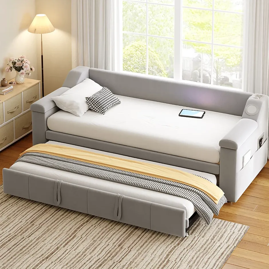 Okwish Lit Gigogne 90/180x190 cm, Velours Gris Clair, avec Port USB, Rangement Intégré, Accoudoirs Larges, Système Audio Bluetooth Best