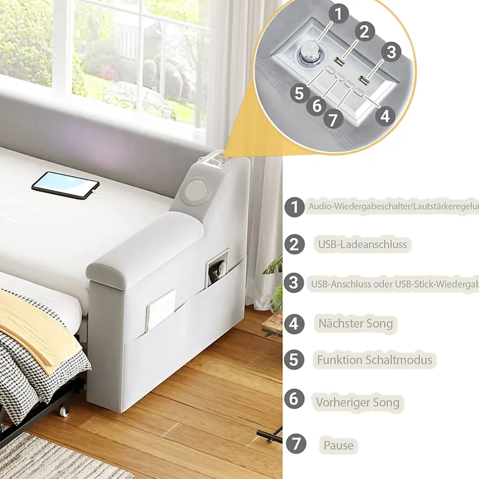 Okwish Lit Gigogne 90/180x190 cm, Velours Gris Clair, avec Port USB, Rangement Intégré, Accoudoirs Larges, Système Audio Bluetooth Best