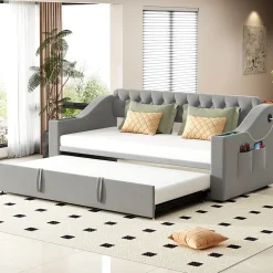 Okwish Lit Gigogne 90x190 cm, Velours Gris, Lit Multifonction avec Port USB, Accoudoirs avec Rangement - Sans Matelas