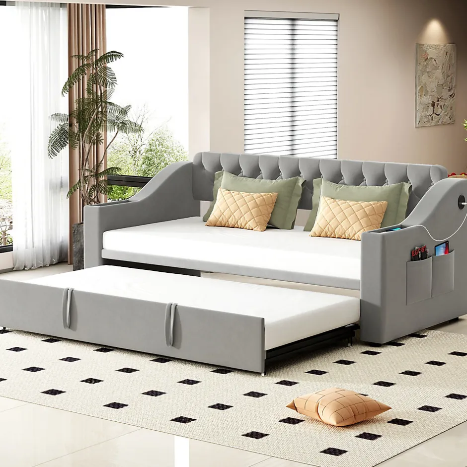 Okwish Lit Gigogne 90x190 cm, Velours Gris, Lit Multifonction avec Port USB, Accoudoirs avec Rangement - Sans Matelas