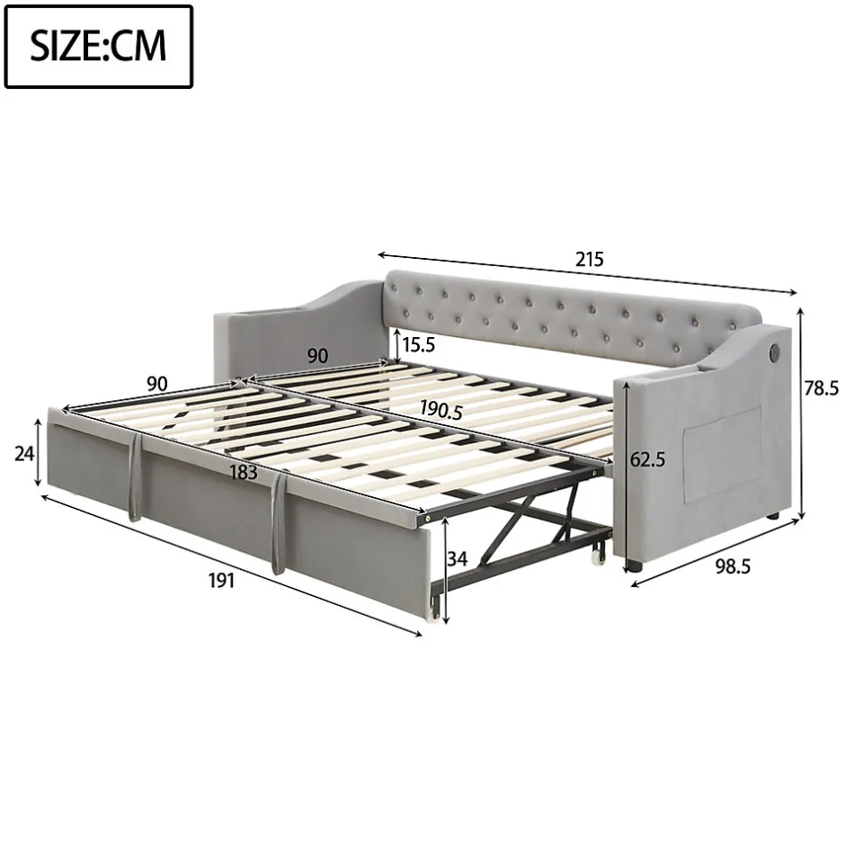 Okwish Lit Gigogne 90x190 cm, Velours Gris, Lit Multifonction avec Port USB, Accoudoirs avec Rangement - Sans Matelas