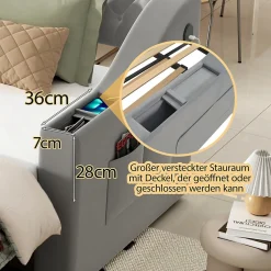 Okwish Lit Gigogne 90x190 cm, Velours Gris, Lit Multifonction avec Port USB, Accoudoirs avec Rangement - Sans Matelas
