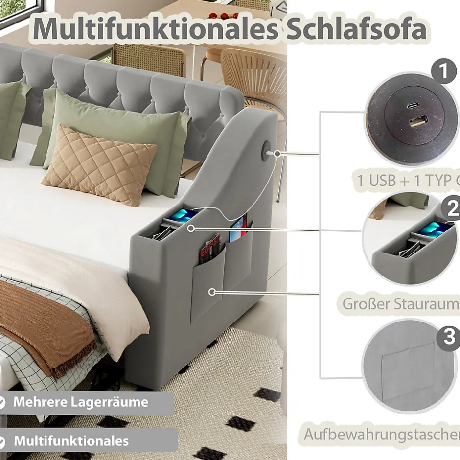 Okwish Lit Gigogne 90x190 cm, Velours Gris, Lit Multifonction avec Port USB, Accoudoirs avec Rangement - Sans Matelas