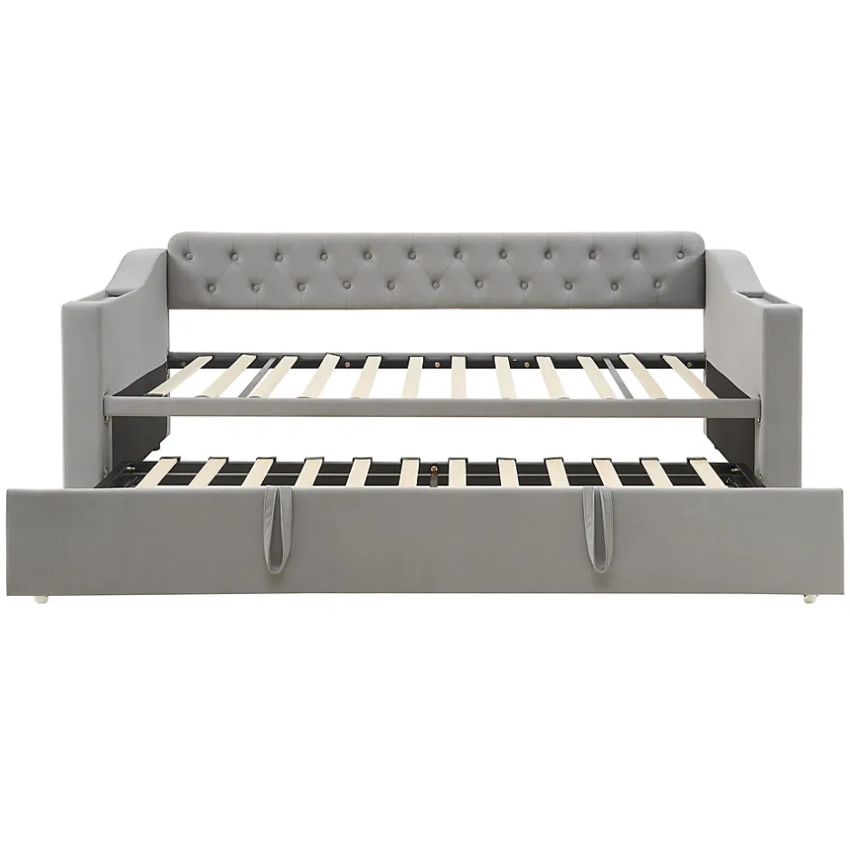 Okwish Lit Gigogne 90x190 cm, Velours Gris, Lit Multifonction avec Port USB, Accoudoirs avec Rangement - Sans Matelas