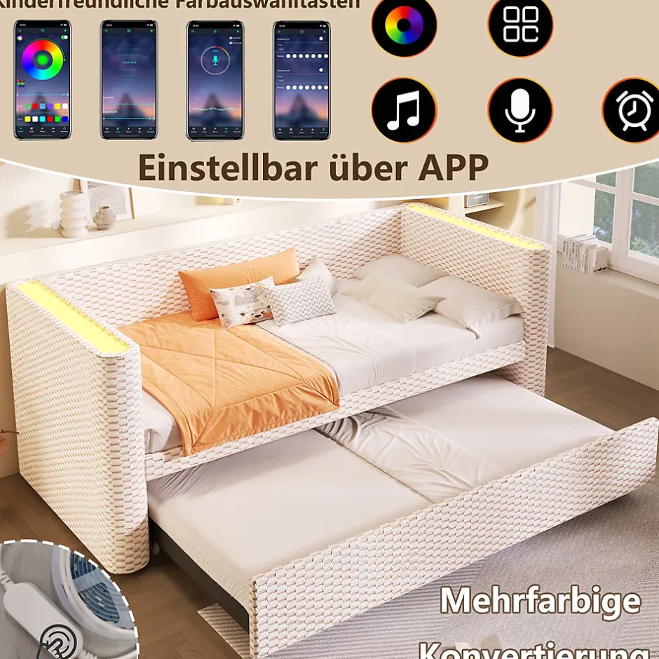 Okwish Lit Gigogne 90x200 cm/180x200 cm - Lit Simple et Double avec Éclairage LED Multifonction - en Velours - sans Matelas - Beige