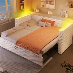 Okwish Lit Gigogne 90x200 cm/180x200 cm - Lit Simple et Double avec Éclairage LED Multifonction - en Velours - sans Matelas - Beige