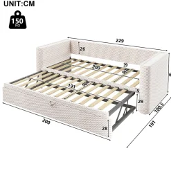 Okwish Lit Gigogne 90x200 cm/180x200 cm - Lit Simple et Double avec Éclairage LED Multifonction - en Velours - sans Matelas - Beige