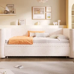 Okwish Lit Gigogne 90x200 cm/180x200 cm - Lit Simple et Double avec Éclairage LED Multifonction - en Velours - sans Matelas - Beige