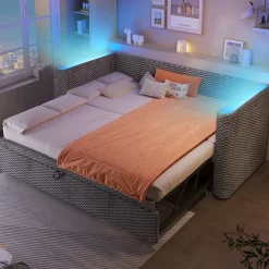 Okwish Lit Gigogne 90x200 cm/180x200 cm - Lit Simple et Double avec Éclairage LED Multifonction - en Velours - sans Matelas - Gris Outlet
