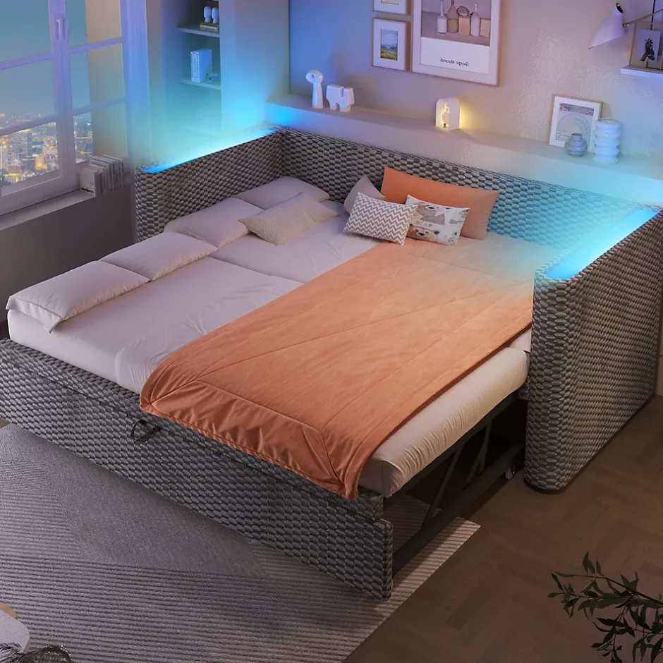 Okwish Lit Gigogne 90x200 cm/180x200 cm - Lit Simple et Double avec Éclairage LED Multifonction - en Velours - sans Matelas - Gris Outlet