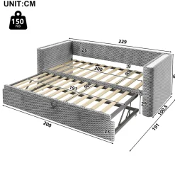Okwish Lit Gigogne 90x200 cm/180x200 cm - Lit Simple et Double avec Éclairage LED Multifonction - en Velours - sans Matelas - Gris Outlet