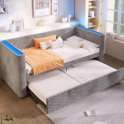 Okwish Lit Gigogne 90x200 cm/180x200 cm - Lit Simple et Double avec Éclairage LED Multifonction - en Velours - sans Matelas - Gris Outlet