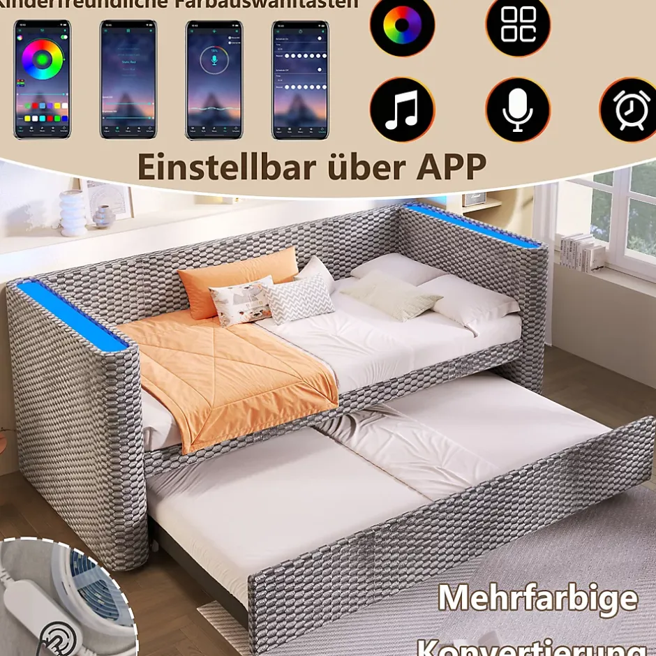 Okwish Lit Gigogne 90x200 cm/180x200 cm - Lit Simple et Double avec Éclairage LED Multifonction - en Velours - sans Matelas - Gris Outlet