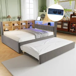 Okwish Lit Gigogne 140x200 cm/90x190 cm, Lit Double et Port USB, Rangements Intégrés et Éclairage LED - Tissu Gris Foncé - Sans Matelas