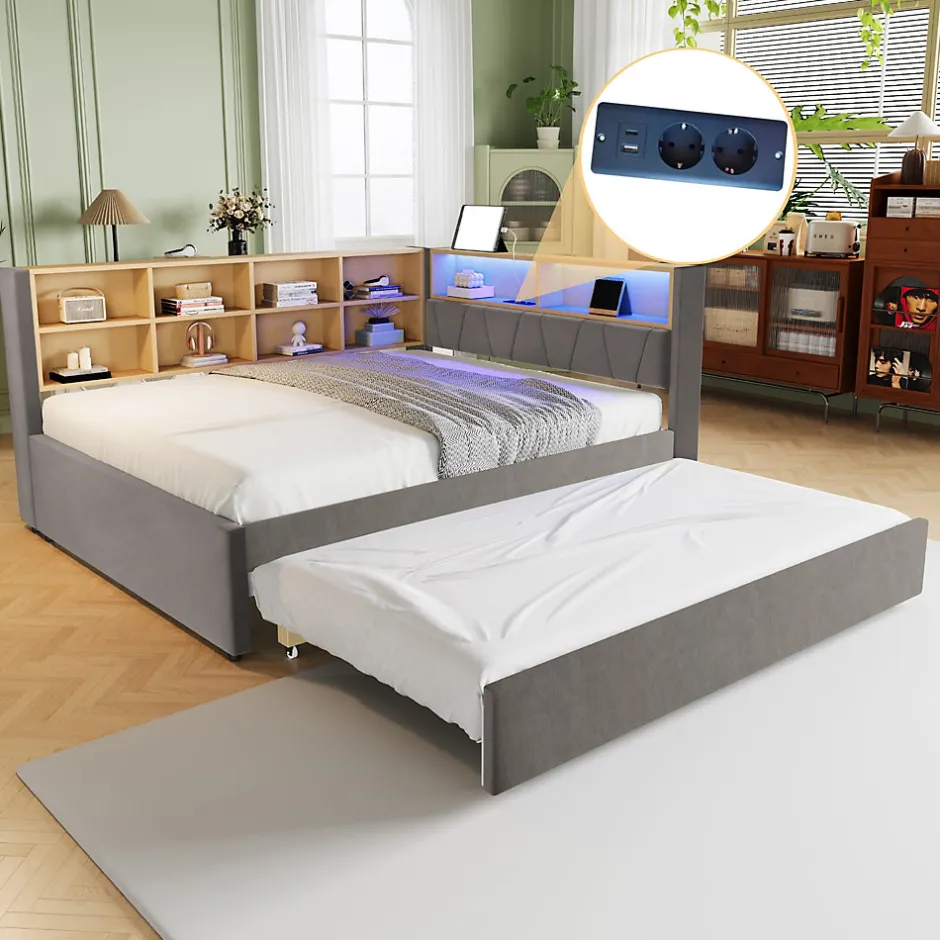 Okwish Lit Gigogne 140x200 cm/90x190 cm, Lit Double et Port USB, Rangements Intégrés et Éclairage LED - Tissu Gris Foncé - Sans Matelas