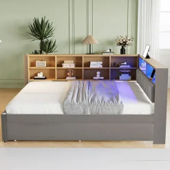 Okwish Lit Gigogne 140x200 cm/90x190 cm, Lit Double et Port USB, Rangements Intégrés et Éclairage LED - Tissu Gris Foncé - Sans Matelas