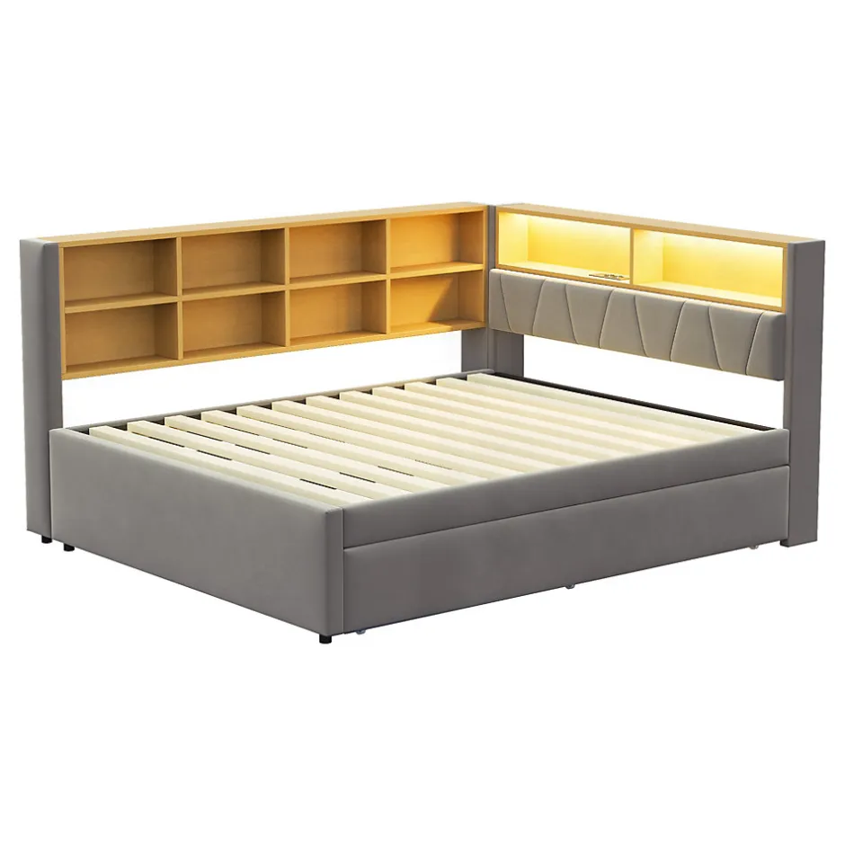 Okwish Lit Gigogne 140x200 cm/90x190 cm, Lit Double et Port USB, Rangements Intégrés et Éclairage LED - Tissu Gris Foncé - Sans Matelas