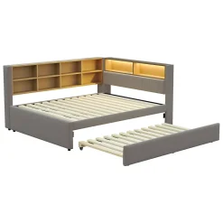 Okwish Lit Gigogne 140x200 cm/90x190 cm, Lit Double et Port USB, Rangements Intégrés et Éclairage LED - Tissu Gris Foncé - Sans Matelas