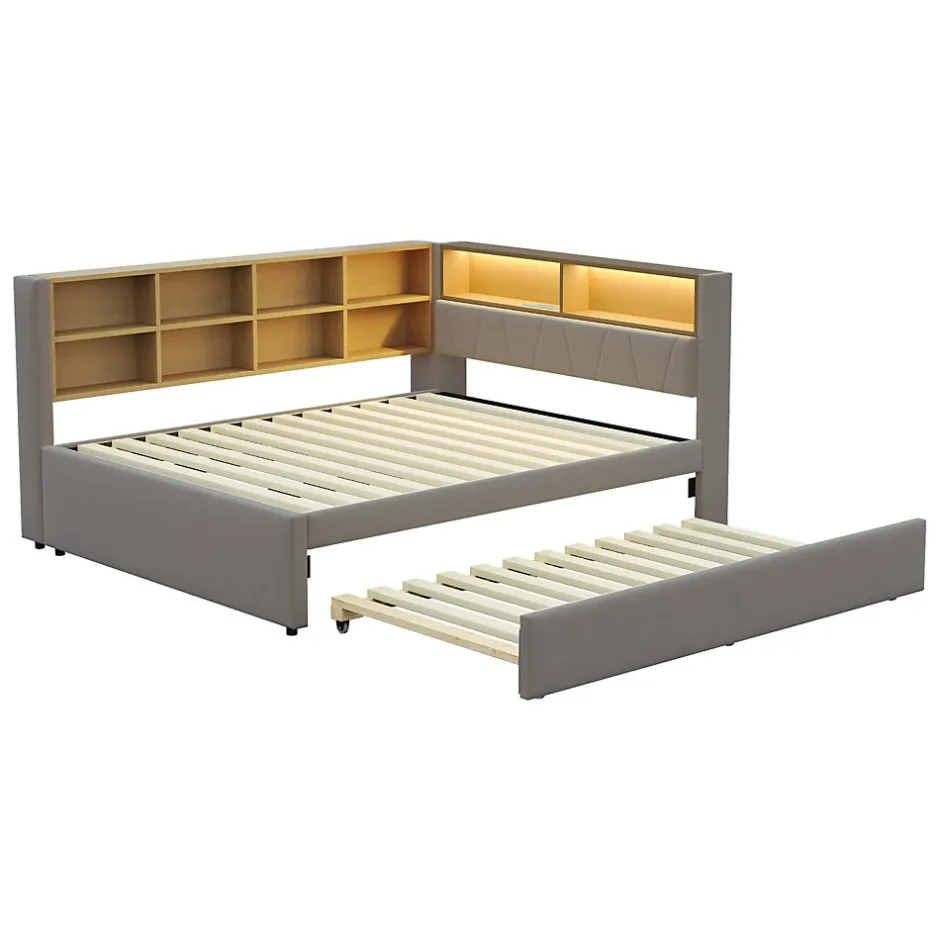 Okwish Lit Gigogne 140x200 cm/90x190 cm, Lit Double et Port USB, Rangements Intégrés et Éclairage LED - Tissu Gris Foncé - Sans Matelas