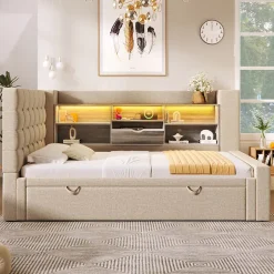 Okwish Lit Gigogne 90x200/90x190 cm - Lit Rembourré avec LED et Tête de Lit L-Forme Rangement, en Lin - sans Matelas Beige New
