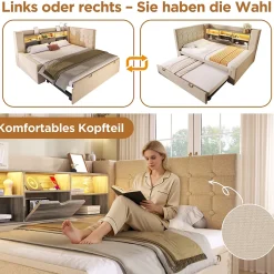 Okwish Lit Gigogne 90x200/90x190 cm - Lit Rembourré avec LED et Tête de Lit L-Forme Rangement, en Lin - sans Matelas Beige New