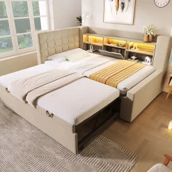 Okwish Lit Gigogne 90x200/90x190 cm - Lit Rembourré avec LED et Tête de Lit L-Forme Rangement, en Lin - sans Matelas Beige New