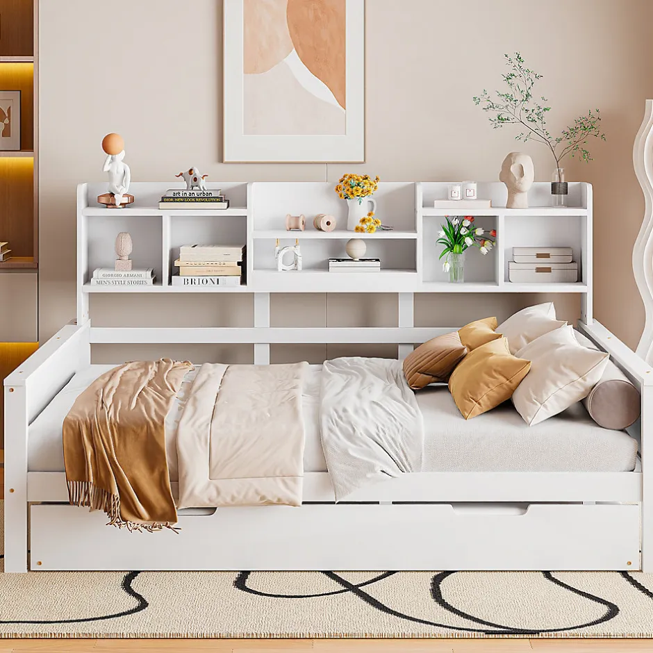 Okwish Lit Gigogne 90x190/140x200 cm avec Lit Tiroir et Tiroirs de Rangement, Bois Blanc, Sommier À Lattes pour Chambre enfant, Blanc