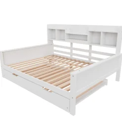 Okwish Lit Gigogne 90x190/140x200 cm avec Lit Tiroir et Tiroirs de Rangement, Bois Blanc, Sommier À Lattes pour Chambre enfant, Blanc