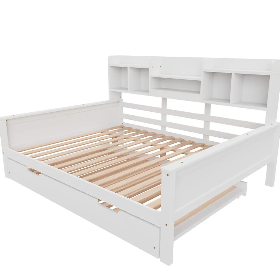 Okwish Lit Gigogne 90x190/140x200 cm avec Lit Tiroir et Tiroirs de Rangement, Bois Blanc, Sommier À Lattes pour Chambre enfant, Blanc