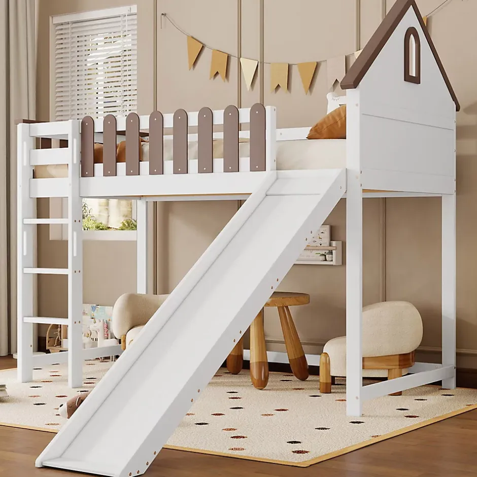 Fortuna lai Lit haut 90x200 cm avec toit, fenêtres, échelle 3 marches, sécurité, cadre bois, blanc Discount