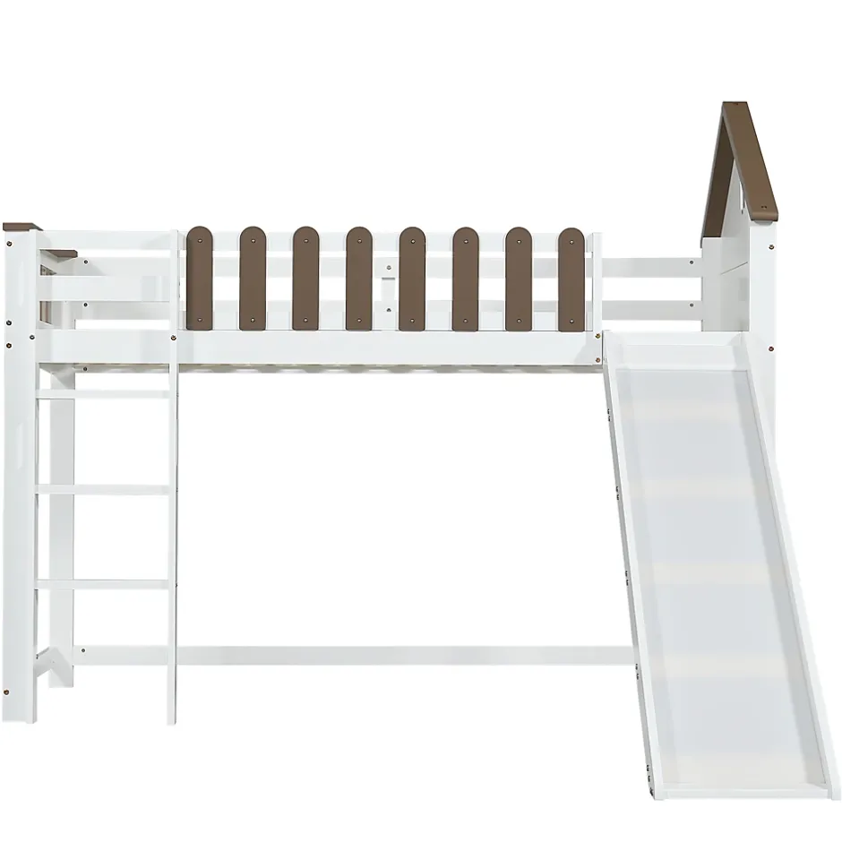 Fortuna lai Lit haut 90x200 cm avec toit, fenêtres, échelle 3 marches, sécurité, cadre bois, blanc Discount
