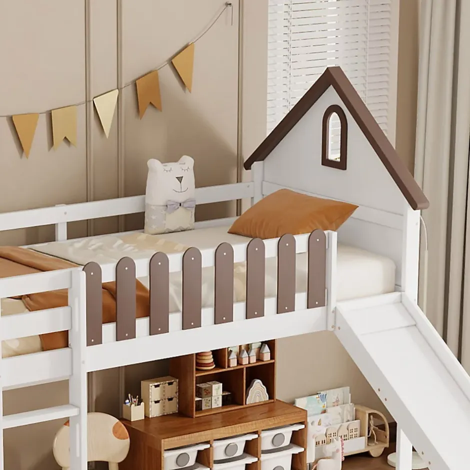 Fortuna lai Lit haut 90x200 cm avec toit, fenêtres, échelle 3 marches, sécurité, cadre bois, blanc Discount