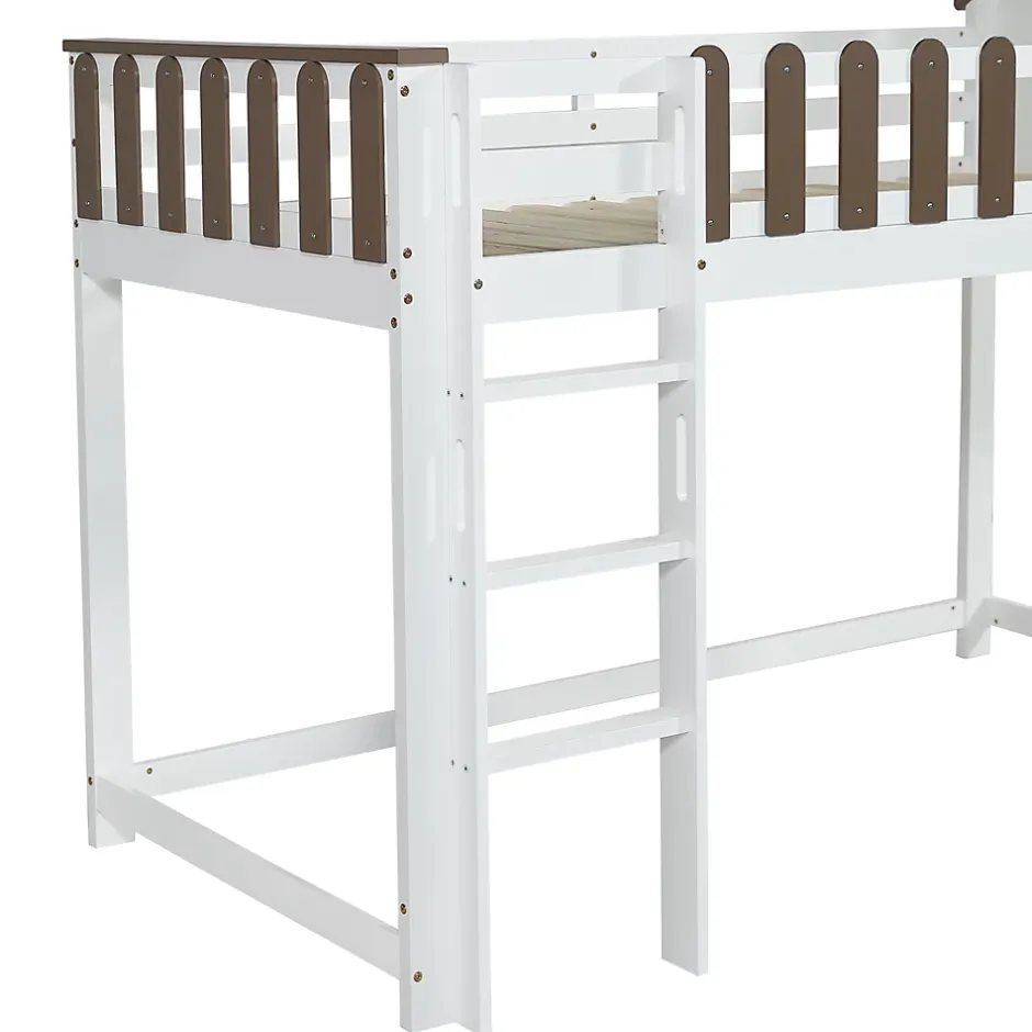 Fortuna lai Lit haut 90x200 cm avec toit, fenêtres, échelle 3 marches, sécurité, cadre bois, blanc Discount