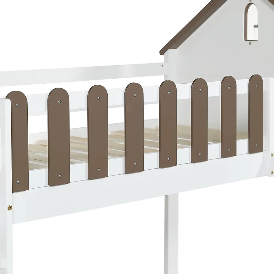 Fortuna lai Lit haut 90x200 cm avec toit, fenêtres, échelle 3 marches, sécurité, cadre bois, blanc Discount