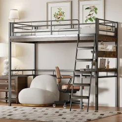 Enfant Fortuna lai Lit Haut 90x200cm, Bureau, Rangement, Échelle, Métal, Noir