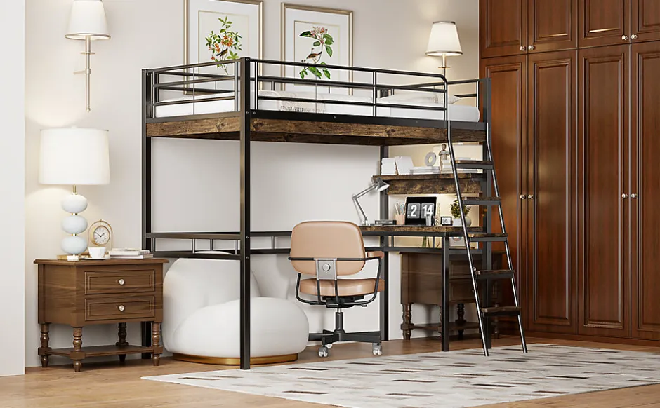 Enfant Fortuna lai Lit Haut 90x200cm, Bureau, Rangement, Échelle, Métal, Noir