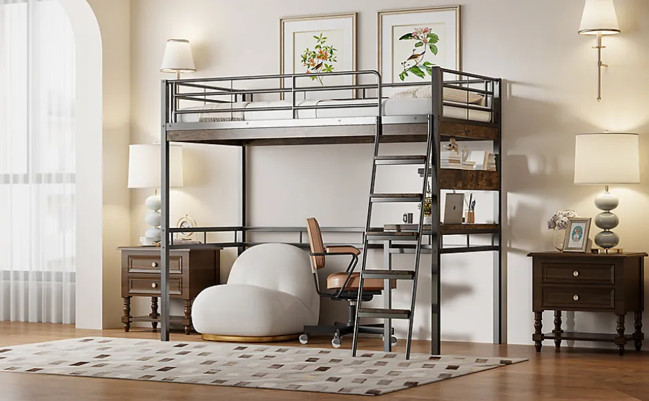 Enfant Fortuna lai Lit Haut 90x200cm, Bureau, Rangement, Échelle, Métal, Noir