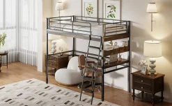 Enfant Fortuna lai Lit Haut 90x200cm, Bureau, Rangement, Échelle, Métal, Noir