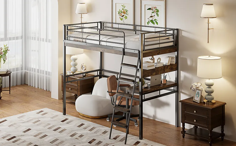 Enfant Fortuna lai Lit Haut 90x200cm, Bureau, Rangement, Échelle, Métal, Noir