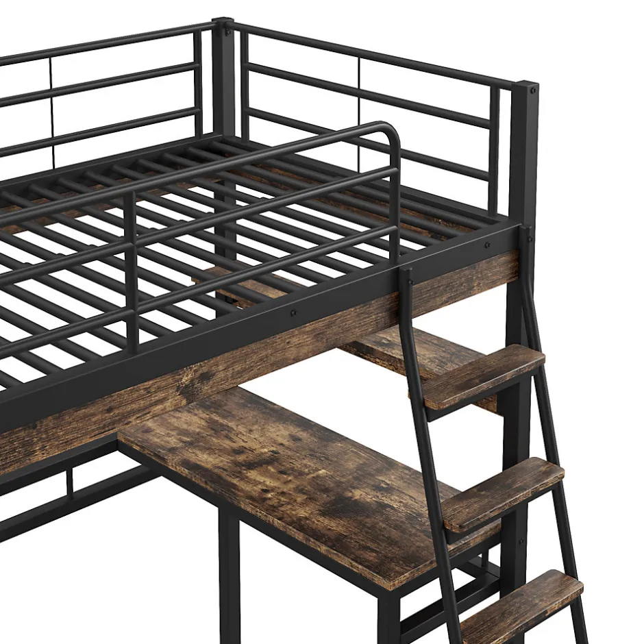 Enfant Fortuna lai Lit Haut 90x200cm, Bureau, Rangement, Échelle, Métal, Noir