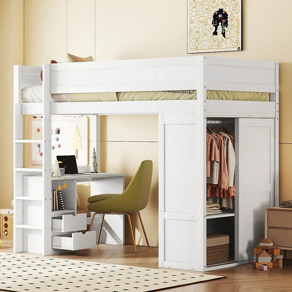 Enfant Fortuna lai Lit Haut 90x200cm, Lit pour Enfant avec Bureau, Armoire, Blanc
