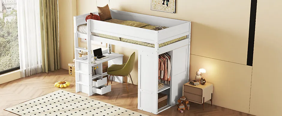 Enfant Fortuna lai Lit Haut 90x200cm, Lit pour Enfant avec Bureau, Armoire, Blanc