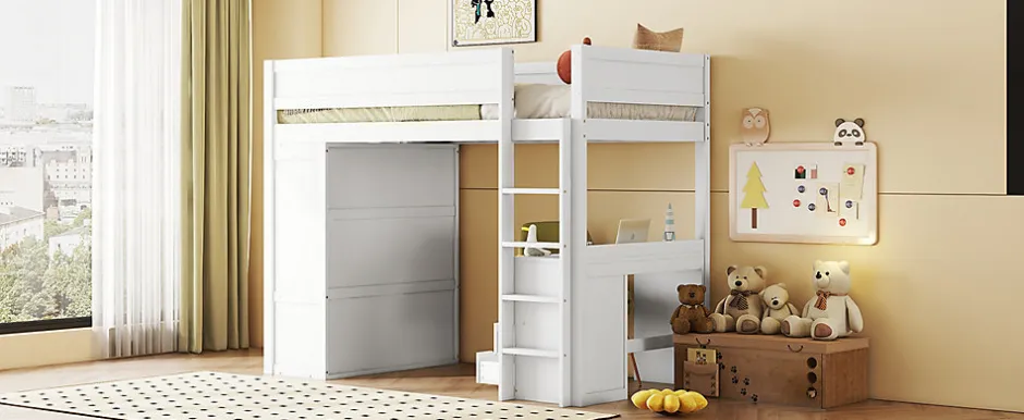Enfant Fortuna lai Lit Haut 90x200cm, Lit pour Enfant avec Bureau, Armoire, Blanc