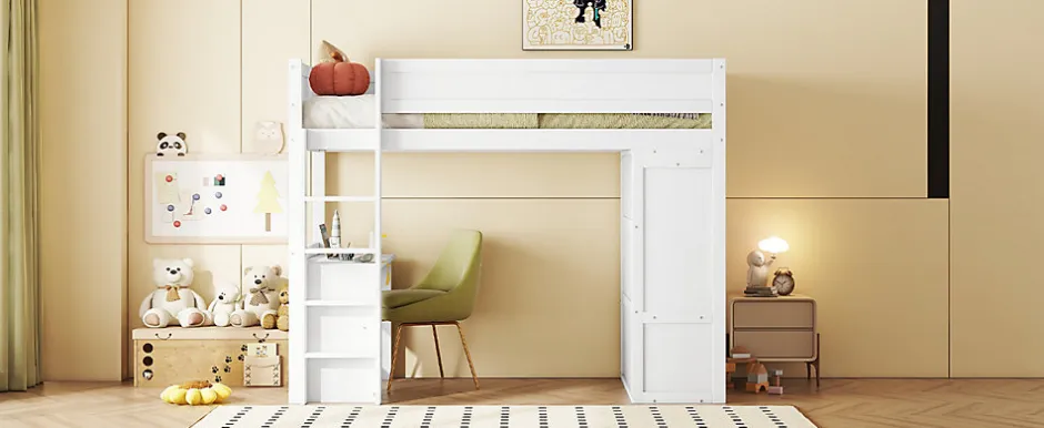 Enfant Fortuna lai Lit Haut 90x200cm, Lit pour Enfant avec Bureau, Armoire, Blanc