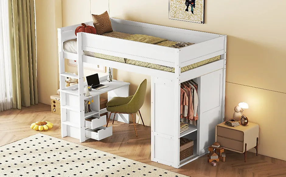 Enfant Fortuna lai Lit Haut 90x200cm, Lit pour Enfant avec Bureau, Armoire, Blanc