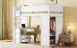 Enfant Fortuna lai Lit Haut 90x200cm, Lit pour Enfant avec Bureau, Armoire, Blanc