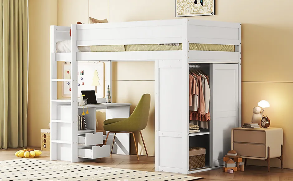 Enfant Fortuna lai Lit Haut 90x200cm, Lit pour Enfant avec Bureau, Armoire, Blanc